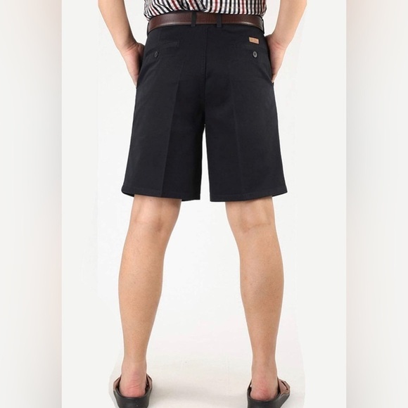 Men's Classic Fit Inseam Chino Oxford Shorts Pleated Flat Golf Shorts Black Navy - Picture 2 of 5